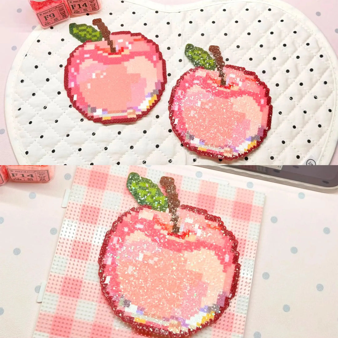 Pink glitter fabric fuse bead project — mini perler beads ironed onto glitter fabric