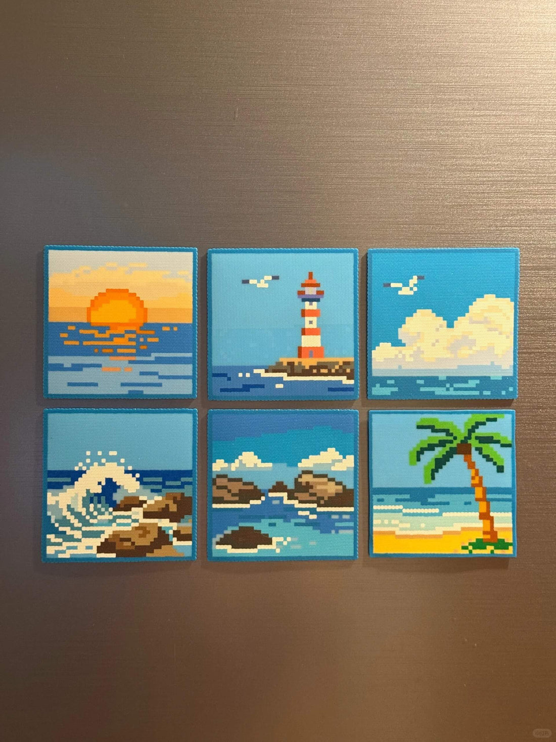 Beach scene perler bead patterns used as fridge magnets, made with 2.6mm mini beads
