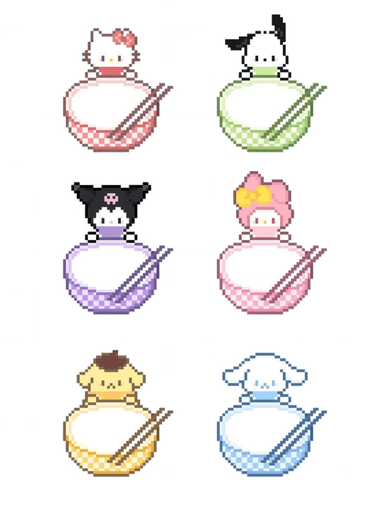 Cute pixel art perler bead characters holding an empty bowl for food photos