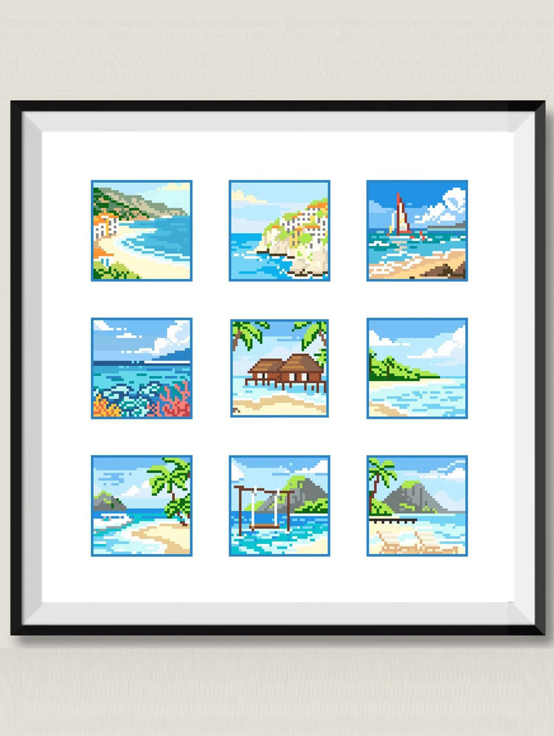 Summer island collection pixel art perler bead patterns — 9 coastal scenes framed as a set